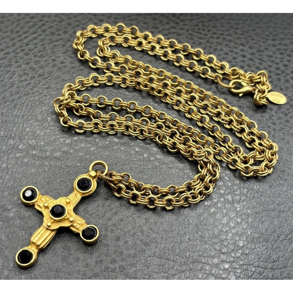 VTG Robert Rose Etruscan Style Cross Black Rhinestone Pendant Necklace 34"